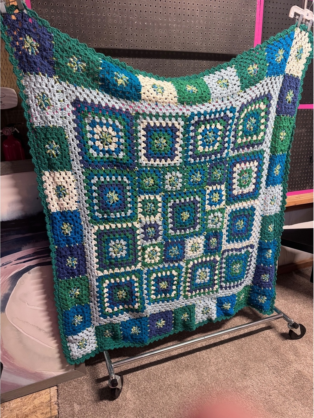 Handmade Crochet Granny Square Afghan Blanket 60x50 Blue Green Teal Unwashed